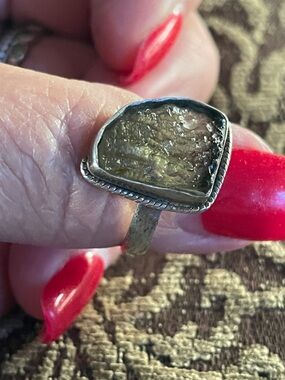 Handmade Raw Moldavite stone Silver 925 Ring with Olive Green